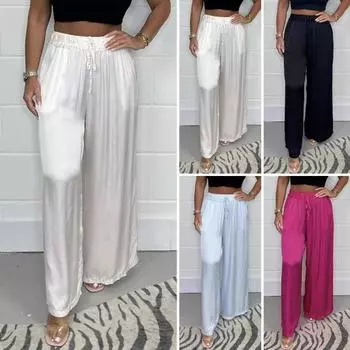 Женские летние атласные брюки со средней посадкой и эластичной резинкой на талии, длинные брюки с регулируемым шнурком, однотонные, прямые, широкие брюки XL розы красного