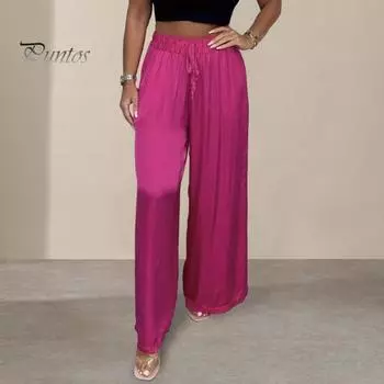Женские летние атласные брюки со средней посадкой и эластичной резинкой на талии, длинные брюки с регулируемым шнурком, однотонные прямые широкие брюки для путешествий XL розы красного
