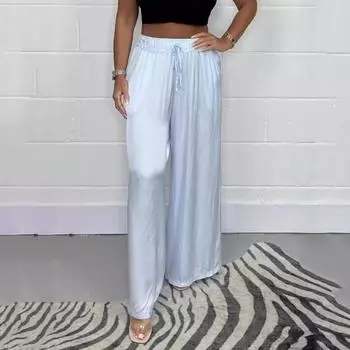 Женские летние атласные брюки со средней посадкой и эластичной резинкой на талии, длинные брюки с регулируемым шнурком, однотонные прямые широкие брюки для путешествий L белый