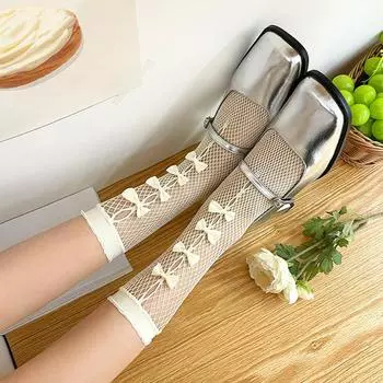 Женские летние ажурные носки с рюшами и галстуком-бабочкой, ажурные средние сетчатые носки в стиле милой готической Лолиты бежевый