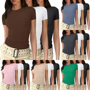 Женские летние базовые облегающие топы из 3 предметов с коротким рукавом и узкими футболками XXL розовый