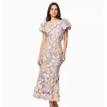 Женские летние бедра с круглым вырезом и вышивкой, трехмерные цветы с пузырьковыми рукавами, платья средней длины с рыбьим хвостом S абрикосовый