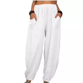 Женские летние белые брюки из хлопка и льна с карманами, винтажные свободные повседневные брюки с эластичной резинкой на талии S белый