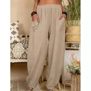 Женские летние белые брюки из хлопка и льна с карманами, винтажные свободные повседневные брюки с эластичной резинкой на талии S белый