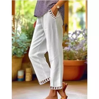 Женские летние белые хлопковые льняные брюки с карманами, винтажные повседневные прямые брюки с эластичной резинкой на талии M белый