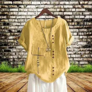 Женские летние бестселлеры, модная повседневная свободная футболка с графическим принтом, винтажная льняная рубашка с круглым вырезом размера плюс, рубашка с короткими рукавами, топ S-5XL XS белый