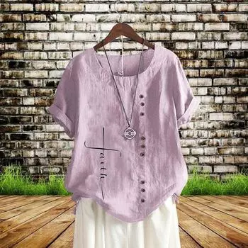 Женские летние бестселлеры, модная повседневная свободная футболка с графическим принтом, винтажная льняная рубашка с круглым вырезом размера плюс, рубашка с короткими рукавами, топ S-5XL S жёлтый