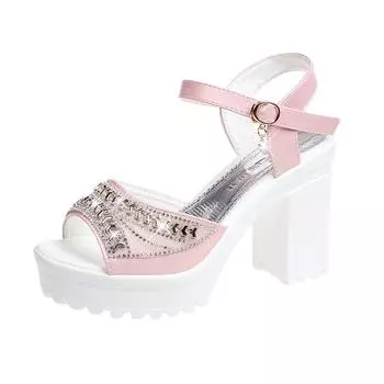 Женские летние блестящие босоножки на высоком каблуке с пряжкой, открытым носком, толстая подошва, большие размеры 40