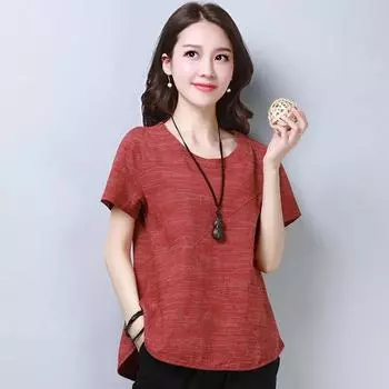 Женские летние блузки из винтажного льна и хлопка, женские топы, блузки с коротким рукавом, женские рубашки, женская свободная одежда, блузы 2127 XXXL красный