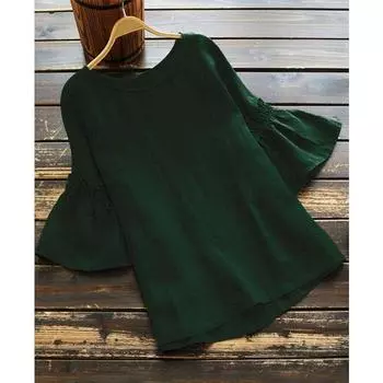 Женские летние блузки, винтажный однотонный топ с круглым вырезом и оборками на рукавах, рубашка S темно-синий