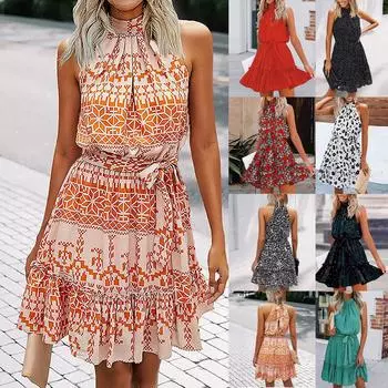 Женские летние богемные платья без рукавов с открытой спиной и рюшами M