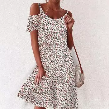 Женские летние богемные платья-пуловеры без бретелек с короткими рукавами и принтом XXL бежевый