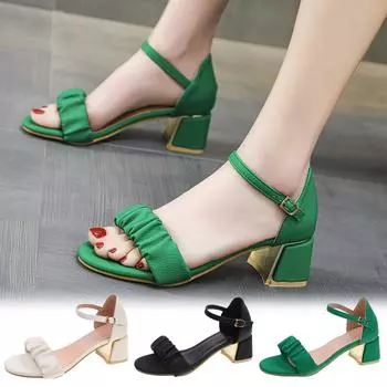 Женские летние босоножки на массивном каблуке с пряжкой. Женская мода на плиссированном каблуке. 44 чёрный