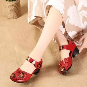 Женские летние босоножки на мягкой подошве среднего каблука в этническом стиле, нескользящие и износостойкие повседневные туфли 40 чёрный