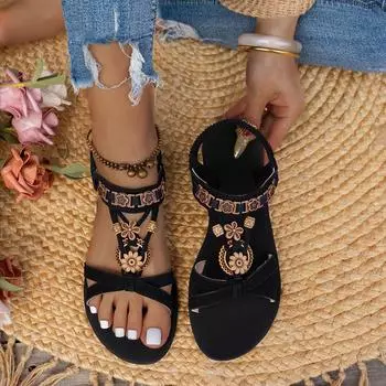 Женские летние босоножки на плоской подошве со стразами «рыбий рот» Большие сандалии для женщин 42EU/CN43 чёрный