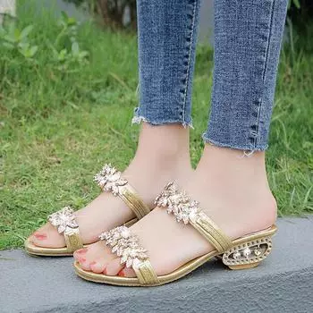 Женские летние босоножки на среднем каблуке со стразами — корейский стиль, большой размер 41, идеально подходят для студенток и мам из-за рубежа 40 чёрный