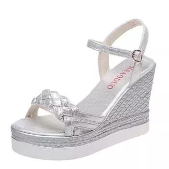 Женские летние босоножки на танкетке, босоножки на платформе, ремешок с открытым носком, повседневная обувь на толстой подошве 2024 г., золотисто-серебристо-розовые босоножки 10 см 33 розовый