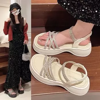 Женские летние босоножки на толстой подошве со стразами 35 чёрный