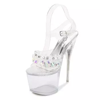 Женские летние босоножки на высоком каблуке со стразами и кристаллами, пикантные босоножки на высоком каблуке с цветочным узором, серия 10368, каблук 18 см, платформа 8 см, LFD 34 серебряный