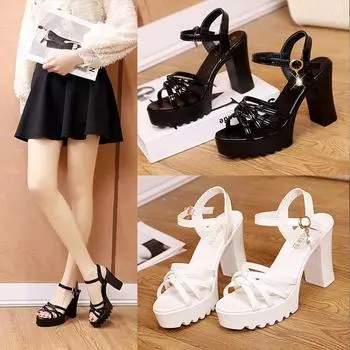 Женские летние босоножки на высоком каблуке: Толстый каблук, водонепроницаемая платформа, универсальные ремешки, мягкая кожа, удобные, стильные, увеличивающие рост. Size 40 чёрный