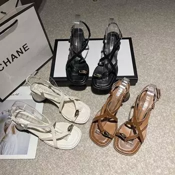 Женские летние босоножки с массивным носком, черные, белые, коричневые, белые сандалии с темпераментным носком для женщин 41