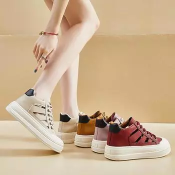 Женские летние ботильоны, повседневные высокие кроссовки на платформе, дышащая прогулочная обувь из искусственной кожи с вырезом для женщин, нескользящая спортивная теннисная обувь на шнуровке 35 бежевый