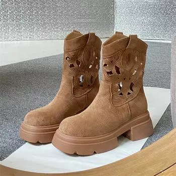 Женские летние ботинки 2025 года с открытой пяткой, дышащие, тонкие, в стиле ретро, ковбойские сапоги в стиле вестерн с платформой и массивным каблуком 35