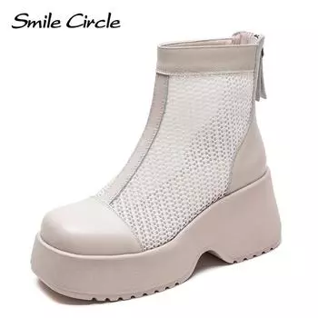 Женские летние ботинки на толстой танкетке с сетчатой подошвой из натуральной кожи с застежкой-молнией 34 чёрный