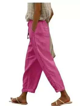 Женские летние брюки 2023 года из хлопка и льна с широкими штанинами, эластичным поясом и кружевной отделкой в рубчик XL белый