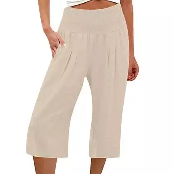Женские летние брюки 3/4 Летние брюки с карманами Повседневные свободные брюки Тканевые брюки Спортивные брюки для отдыха Пляжные брюки L бежевый
