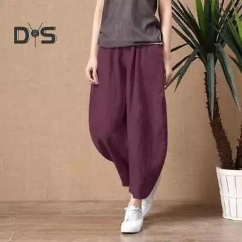 Женские летние брюки, эластичные повседневные брюки с высокой талией и широкими штанинами с карманами, однотонные свободные тонкие брюки L чёрный