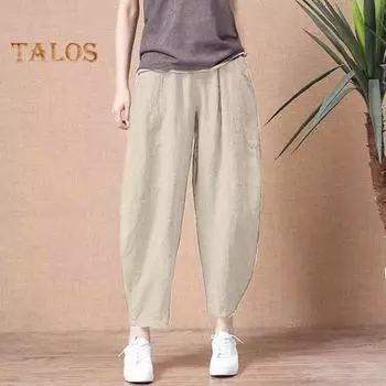 Женские летние брюки, эластичные повседневные брюки с высокой талией и широкими штанинами с карманами, однотонные свободные тонкие брюки L чёрный