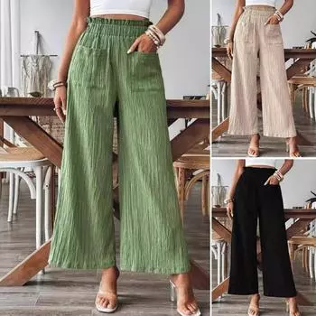 Женские летние брюки, эластичные, с высокой талией, повседневные брюки с карманами, однотонные, со складками, свободные брюки S чёрный