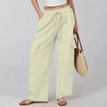 Женские летние брюки из хлопка и льна, повседневные, на кулиске, с высокой посадкой, с карманами, в стиле рабочей одежды L бежевый