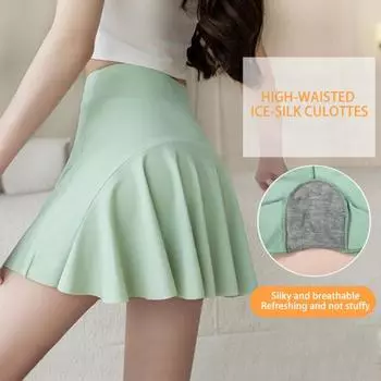 Женские летние брюки-кюлоты для йоги с высокой талией, ледяной шелк, внутренние защитные детали, шорты, юбка с промежностью, гладкая юбка трапециевидной формы 3XL чёрный