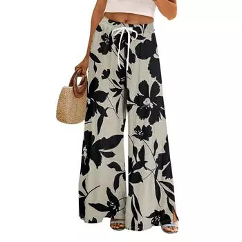 Женские летние брюки-палаццо в стиле бохо с высокой талией, широкие повседневные брюки с цветочным принтом и карманами L чёрный