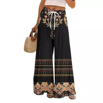 Женские летние брюки-палаццо в стиле бохо с высокой талией, широкие повседневные брюки с цветочным принтом и карманами L чёрный
