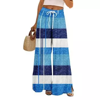 Женские летние брюки-палаццо в стиле бохо с высокой талией, широкие повседневные брюки с цветочным принтом и карманами M синий