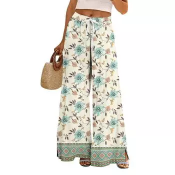 Женские летние брюки-палаццо в стиле бохо с высокой талией, широкие повседневные брюки с цветочным принтом и карманами S