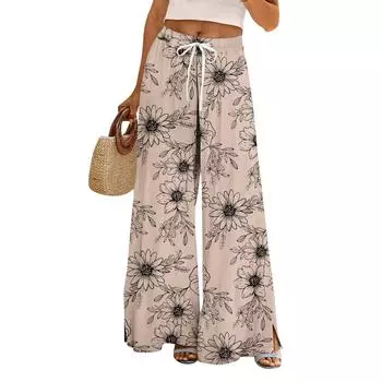 Женские летние брюки-палаццо в стиле бохо с высокой талией, широкие повседневные брюки с цветочным принтом и карманами XXL бежевый