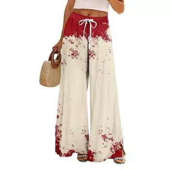 Женские летние брюки палаццо в стиле бохо с высокой талией и широкими штанинами, с принтом на Хэллоуин, повседневные брюки с карманами XXL бежевый