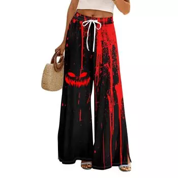 Женские летние брюки палаццо в стиле бохо с высокой талией и широкими штанинами, с принтом на Хэллоуин, повседневные брюки с карманами L