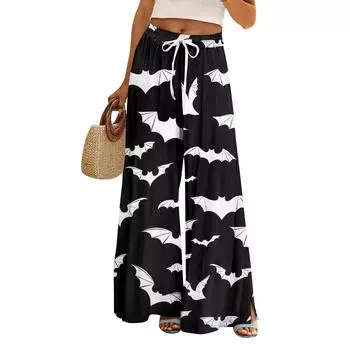 Женские летние брюки палаццо в стиле бохо с высокой талией и широкими штанинами, с принтом на Хэллоуин, повседневные брюки с карманами XXL чёрный