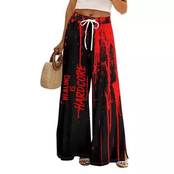 Женские летние брюки палаццо в стиле бохо с высокой талией и широкими штанинами, с принтом на Хэллоуин, повседневные брюки с карманами XL