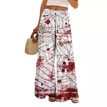 Женские летние брюки палаццо в стиле бохо с высокой талией и широкими штанинами, с принтом на Хэллоуин, повседневные брюки с карманами M