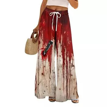 Женские летние брюки палаццо в стиле бохо с высокой талией и широкими штанинами, с принтом на Хэллоуин, повседневные брюки с карманами XXL киноварь