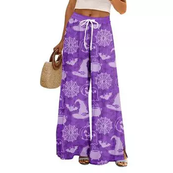 Женские летние брюки палаццо в стиле бохо с высокой талией и широкими штанинами, с принтом на Хэллоуин, повседневные брюки с карманами XL фиолетовый