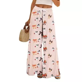 Женские летние брюки палаццо в стиле бохо с высокой талией и широкими штанинами, с принтом на Хэллоуин, повседневные брюки с карманами M