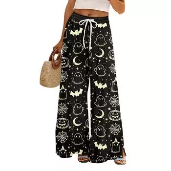 Женские летние брюки палаццо в стиле бохо с высокой талией и широкими штанинами, с принтом на Хэллоуин, повседневные брюки с карманами L чёрный