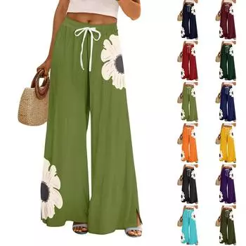 Женские летние брюки-палаццо в стиле бохо с высокой талией, широкие повседневные брюки с цветочным принтом и карманами L чёрный